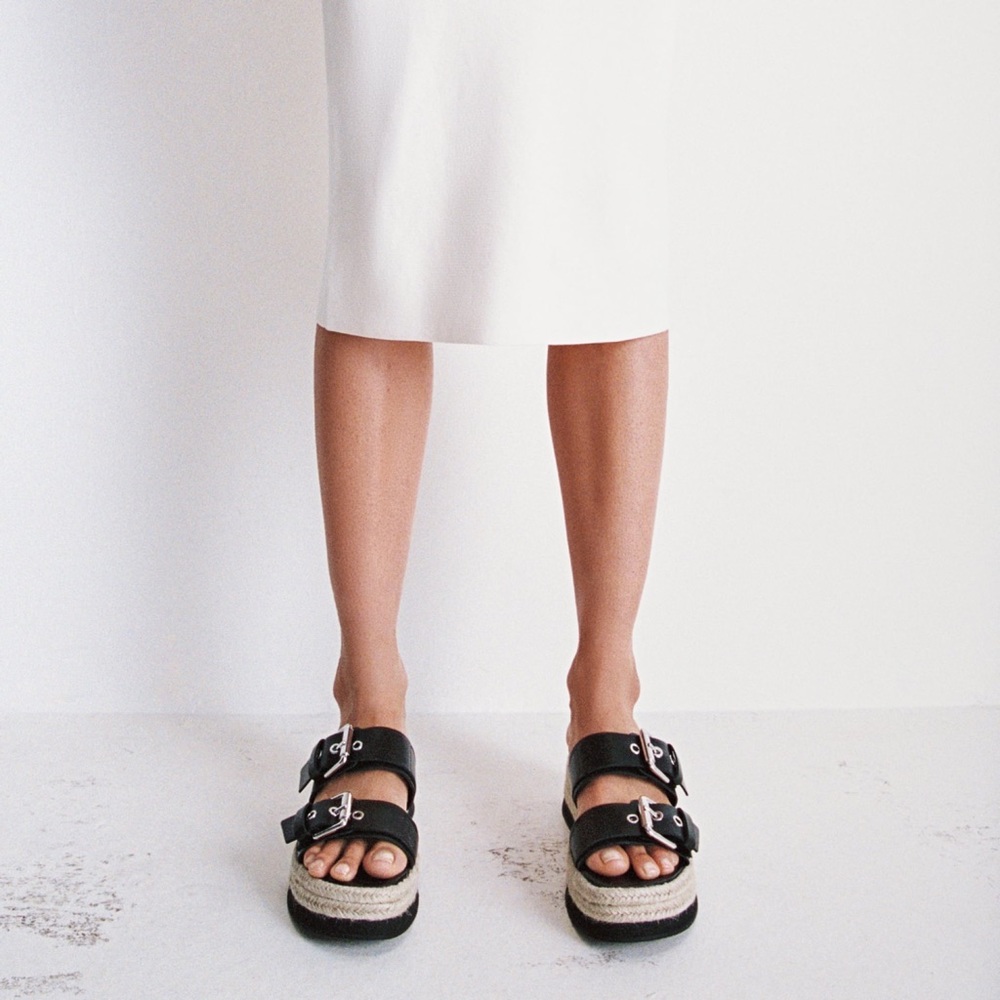 Zara (VGUC) | Black Leather Wedges Slip Sandals with Buckle and Platform